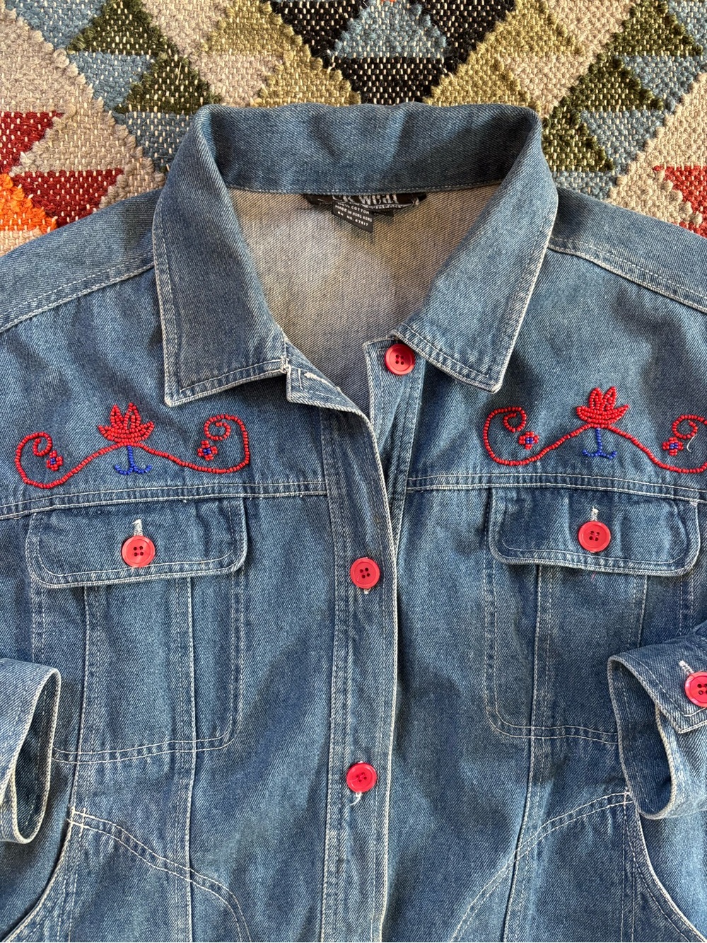 80s 90s Vintage Cotton Denim Country Cowgirl Beaded Jacket w. Drawstring
